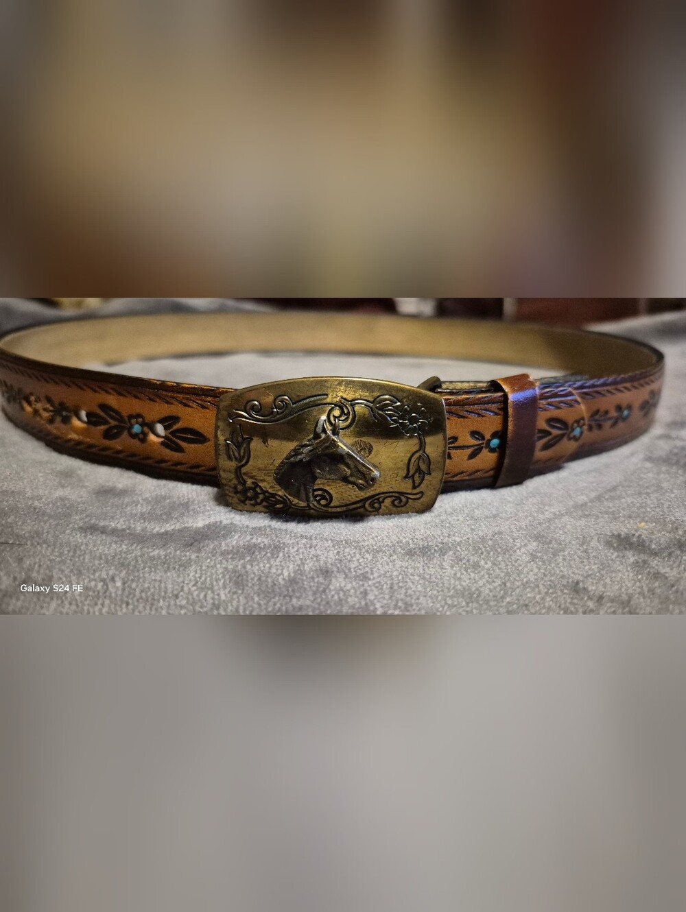 Vintage Tooled Brown Leather Western Belt with Horsehead Buckle